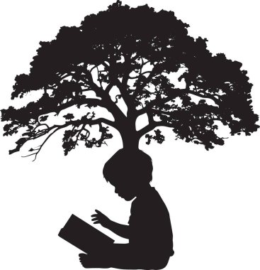 Görkemli bir meşe ağacının siyah vektör silueti. Okuma ve eğitim için huzurlu doğa sahnesinin altında oturan bir kişi.