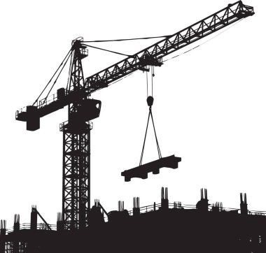 İnşaat alanında büyük bir vinç kaldırma malzemesinin siyah vektör silueti, inşaat, mühendislik ve geliştirme tasarımları için endüstriyel illüstrasyon