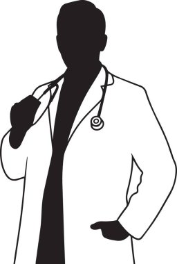 Profesyonel tıbbi pozlarda steteskop takan bir doktorun siyah vektör silueti, tıbbi, hastane ve sağlıkla ilgili tasarımlar için sağlık çizimleri