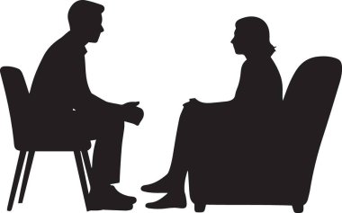 Siyahi vektör silueti iki kişinin danışmanlık veya terapi seanslarında yan yana oturması, psikoloji ve danışmanlık için profesyonel illüstrasyon