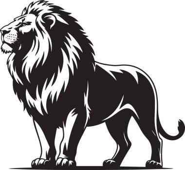 Görkemli bir erkek aslanın siyah vektör silueti gururla duran yeleli güçlü yaban hayatı çizimleri güç, cesaret ve liderlik tasarımı.
