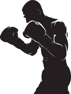 Siyah vektör silueti, boks eldivenleri kaldırılmış agresif bir boksör duruşu, boks, MMA ve dövüş tasarımları için güçlü spor çizimleri.