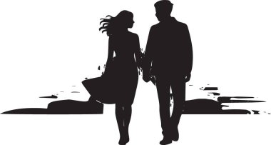 Siyah vektör silueti bir erkek ve bir kadının yan yana durması, aşk, ilişki ve ortaklık için romantik çizimler.