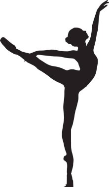 Bir balerin siyah vektör silueti dalgalı saçlarıyla dramatik bir yükseliş sergiliyor, dans ve kültür tasarımları için zarif sahne sanatları çizimleri yapıyor.