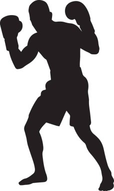 Boks eldivenleriyle güçlü bir yumruk atan kaslı bir boksörün siyah vektör silueti, boks ve fitness tasarımları için yoğun spor hareketi çizimi