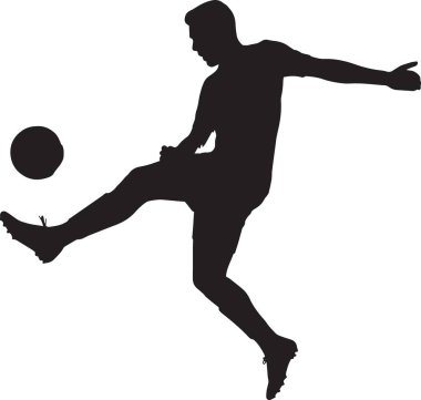 Spor, futbol ve atletik tasarım projeleri için ideal, dinamik aksiyon pozisyonunda topa vuran bir futbolcunun siyah vektör silueti
