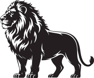 Görkemli bir aslanın siyah siluet vektörü yele ile duruyor, vahşi yaşam, güç ve kraliyet temalı tasarımlar için mükemmel.