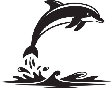 Sudan sıçrayan bir yunusun siyah siluet vektörü. Deniz, okyanus ve su teması için mükemmel.