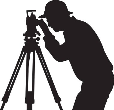 Mühendislik ve inşaat temaları için ideal olan ve bir tripodun ölçüm aletine bakan bir araştırmacının siyah siluet vektörü