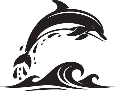 Dekoratif dalgaların üzerinden atlayan bir yunusun siyah siluet vektörü okyanus, deniz ve su temalı tasarımlar için idealdir.