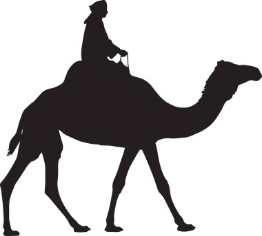 Bir devenin üzerindeki siyah siluet vektörü çöl yolculuğunu, Arap mirasını ve göçebe macerayı simgeliyor.