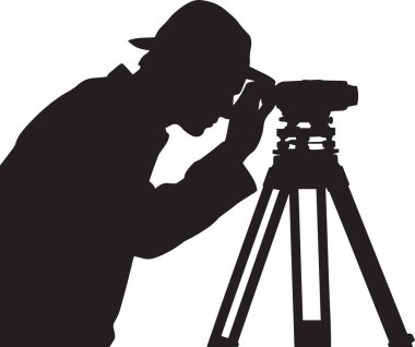 Ölçüm ekipmanlarını bir üçayak üzerinde kullanan bir araştırmacının siyah siluet vektörü, mühendislik, araştırma ve inşaat tasarımları için mükemmel.