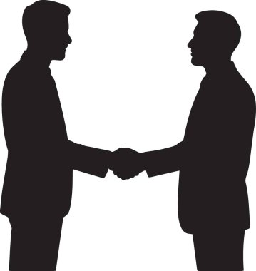 Anlaşmada el sıkışan iki işadamının vektör silueti, ortaklık anlaşması ve profesyonel işbirliğini temsil ediyor