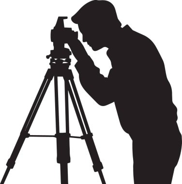 Arazi ölçümü ve inşaat araştırması için tripoda monte edilmiş bir teodolit enstrümanı kullanan bir araştırmacının vektör silueti