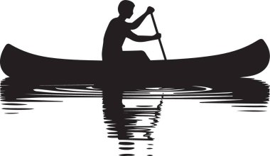 Bir insanın yansıma ile sakin bir suda kano çırpışının vektör silueti, geleneksel kano macerası ve barışçıl su yolu tasviri.
