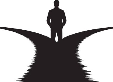Y biçimli bir yol ayrımının tepesinde duran bir adamın silueti. Hayattaki karar verme yönünü sembolize ediyor ve bir yol seçiyor.
