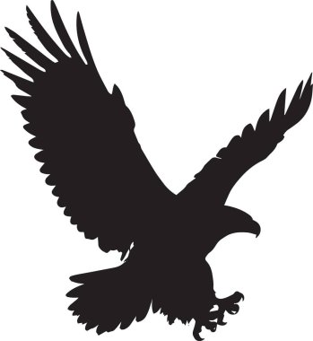 Görkemli bir kartalın vektör silueti kanatlarını çırparak süzülüyor ve pençeleri görünür, özgürlük için ideal vatansever ve vahşi yaşam tasarımları.