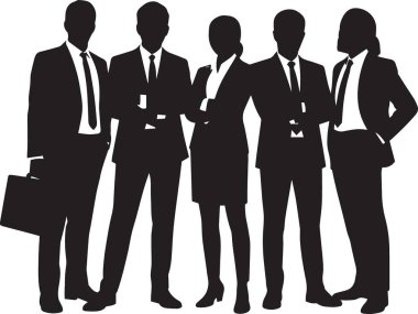 Takım elbiseli bir grup iş adamının silueti şirket liderliğini ve profesyonel iş gücünü temsil eden evrak çantalarıyla birlikte duruyor.
