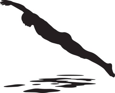 Su sıçratarak suya dalan bir insanın vektör silueti, yüzme sporunu ve su sporunu temsil ediyor.