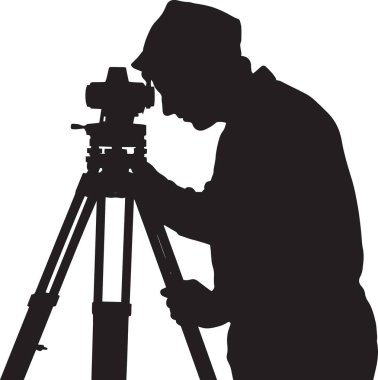 Mühendislik ve inşaat ölçümlerini temsil eden, tripodun üzerindeki bir teodolite bakan bir arazi araştırmacısının vektör silueti.