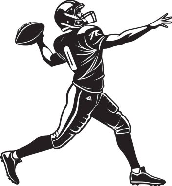 Bir Amerikan futbolcusunun top atma pozisyonundaki siyah ve beyaz vektör silueti pas vermeye hazır, dinamik spor eylemi illüstrasyonu