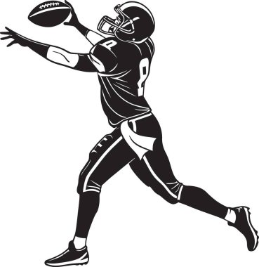 Siyah-beyaz bir Amerikan futbolcusunun silueti top hareket halindeyken ileri pas atma eylemi, dinamik oyun kurucu hareketi