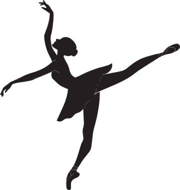 Arabesk pozisyonunda dans sanatını ve zarif performansı temsil eden siyah ve beyaz kadın balerin silueti.