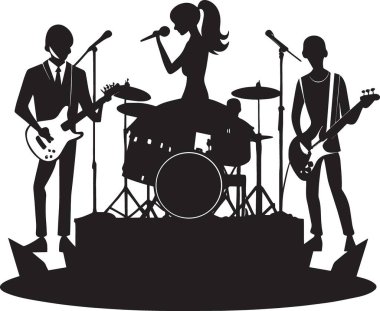 Bir rock grubunun siyah ve beyaz vektör silueti, gitarist baterist ve basçıyla canlı performans sergiliyor, müzik eğlencesi ve canlı performansı temsil ediyor.