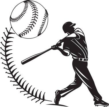 Beyzbol oyuncusunun siyah ve beyaz vektör silueti büyük bir beyzbol sopasına sopa sallıyor, dinamik spor hareketi Amerika 'nın hobisini temsil ediyor.