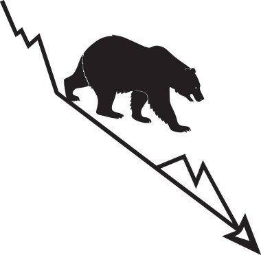 Düşen okları aşağı bakan bir ayının kara vektör silueti borsanın çöküşünü ve finansal piyasanın çöküşünü temsil ediyor.