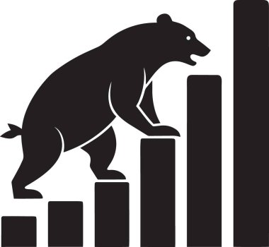 Düşen bar çizelgesi sütunlarına karşı bastıran bir ayının siyah ve beyaz vektör silueti, hamallık pazar baskısını ve borsa düşüşünü temsil ediyor.