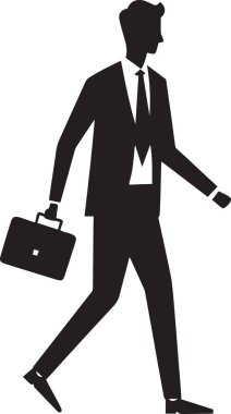 Bir evrak çantası ve belge taşırken takım elbiseli profesyonel bir işadamının siyah-beyaz silueti hızla yürüyor.