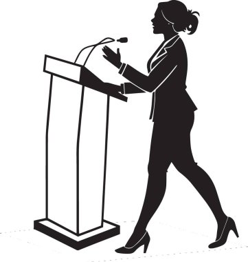 Profesyonel bir kadının kürsüde mikrofonla konuşma ya da sunum yaptığı siyah beyaz vektör silueti