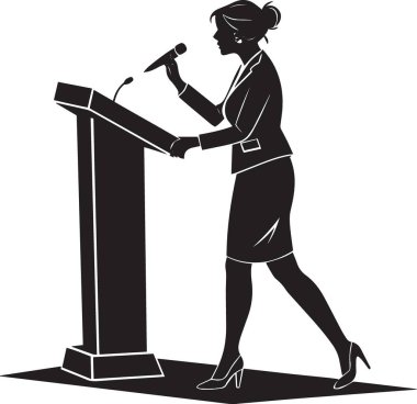 Kürsüde elinde tokmak tutan, yargı, hukuk veya liderlik otoritesini temsil eden bir kadının siyah ve beyaz vektör silüeti.