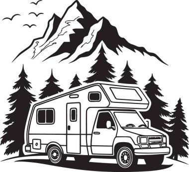 Dağların ve çam ağaçlarının yakınına park etmiş bir karavanın siyah ve beyaz vektör silueti, açık hava macera çizimi