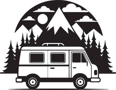 Daire çerçevesinde dağları, bulutları ve kuşları olan bir kamp aracının siyah beyaz vektör silueti, macera yolculuğu logosu tasarımı