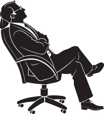 Ofis sandalyesinde merdivenlerden kayan bir adamın siyah beyaz vektör silüeti, mizahi ve yaratıcı iş yeri konsepti çizimi