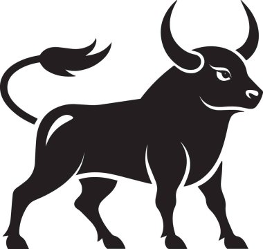 Güçlü bir boğanın siyah ve beyaz vektör silueti. Kavisli boynuzları ve kaslı gövdesi olan, cesur bir hayvan çizimi.