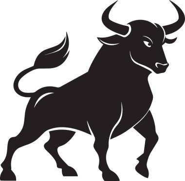 Güçlü bir boğanın siyah ve beyaz vektör silueti belirgin boynuzları ve kas yapısı ile profilde duruyor. Klasik boğa çizimi.