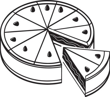 Pasta grafiği, yaratıcı gıda ve veri görselleştirme kavramını andıran dilimlere bölünmüş bir pizzanın siyah ve beyaz vektör çizimi