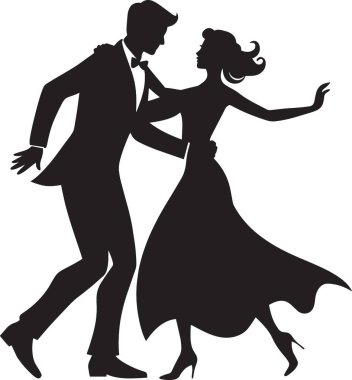 Zarif bir çift balo salonunun siyah ve beyaz vektör silueti birlikte dans ediyor, akışkan elbiseli klasik romantik dans çizimi