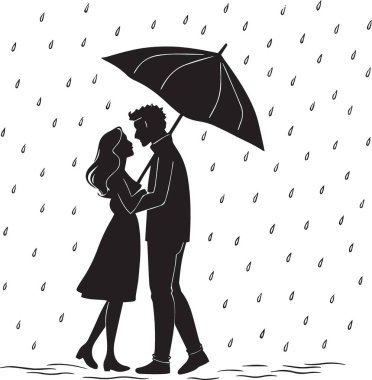 Yağmurda şemsiyenin altında birbirine yakın duran romantik bir çiftin siyah ve beyaz vektör silueti yağmurlu havada aşk sahnesi