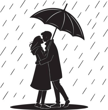 Etraflarında yağmur yağarken şemsiye altında öpüşen romantik bir çiftin siyah ve beyaz vektör silueti, tutkulu yağmur günü sahnesi.