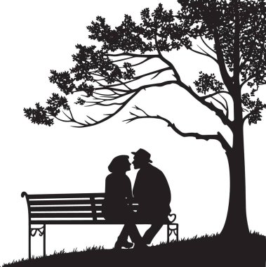 Yaşlı bir çiftin siyah ve beyaz vektör silueti, detaylı yaprakları olan büyük bir meşe ağacının altındaki bankta sevgiyle oturuyor.