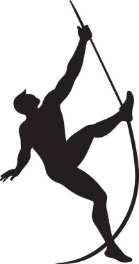 Hareketli duruş, mitoloji ve savaş konsepti içinde mızrak taşıyan dinamik savaşçı figürünün siyah ve beyaz vektör silueti