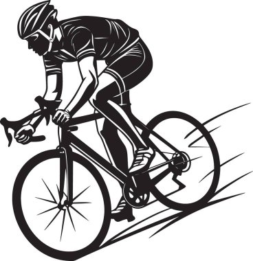 İki rekabetçi bisikletçinin siyah ve beyaz vektör silueti dinamik sürüş pozlarında yol bisikletleri üzerinde yarışıyor, bisiklet sporu illüstrasyonu