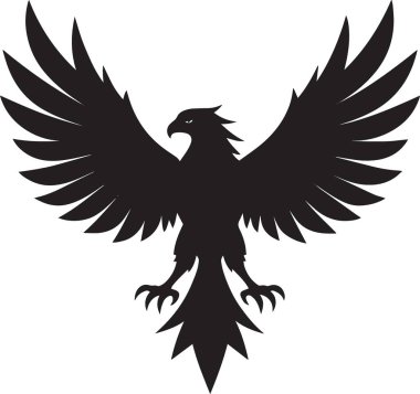 Vahşi bir kartalın siyah ve beyaz vektör silueti. Kelebek tarzı, gücü ve özgürlük sembolü şeklinde yayılmış kanatları var.