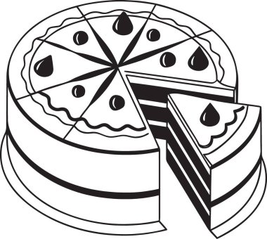 Pasta grafiğini andıran bir dilimle süslenmiş bir pastanın siyah ve beyaz vektör silüeti, yaratıcı veri canlandırma besin çizimi