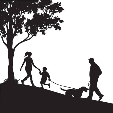 Çocuklu ve köpekli bir ailenin ağaç, doğa eğlencesi ve illüstrasyon altındaki açık hava aktivitelerinin keyfini çıkaran siyah ve beyaz vektör silueti.