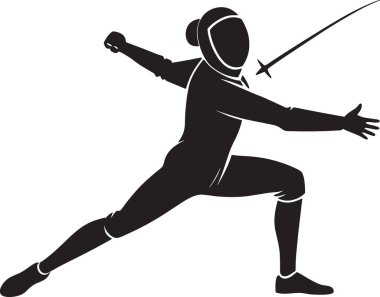 Bir eskrimcinin siyah ve beyaz vektör silueti ileri hücum pozisyonunda kılıç uzatılmış, eskrim sporu illüstrasyonuyla.